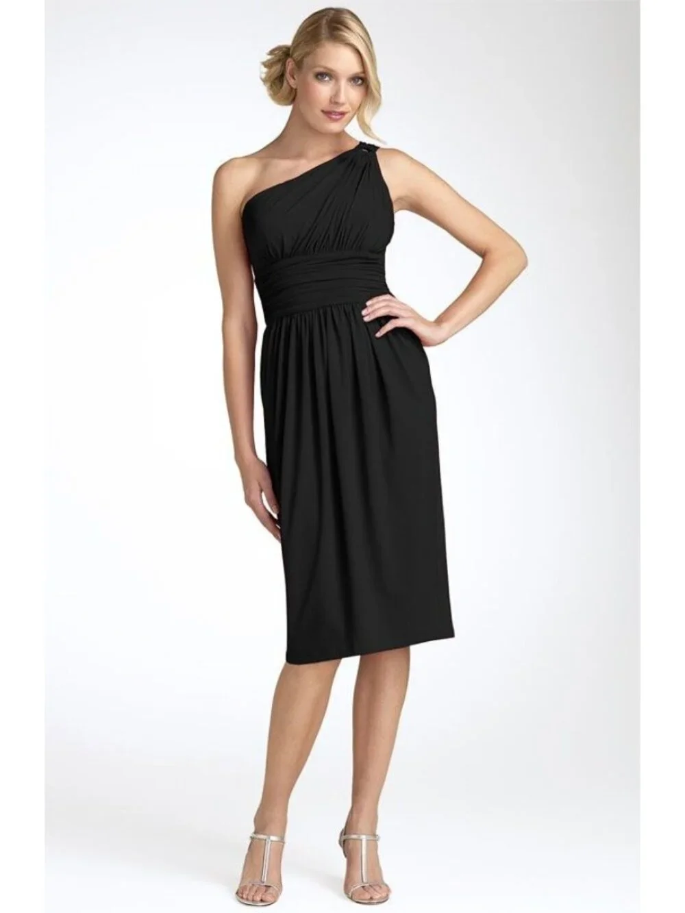 🆕 MAGGY LONDON One Shoulder Stretch Jersey Dress Black 4 - Picture 1 of 8